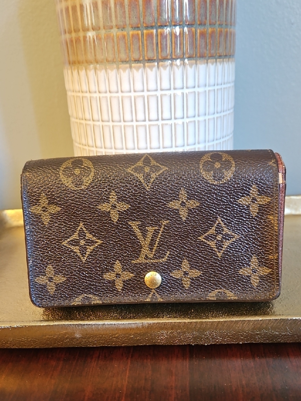 Authentic Louis Vuitton Monogram Canvas Small Wallet in Brown and Gold